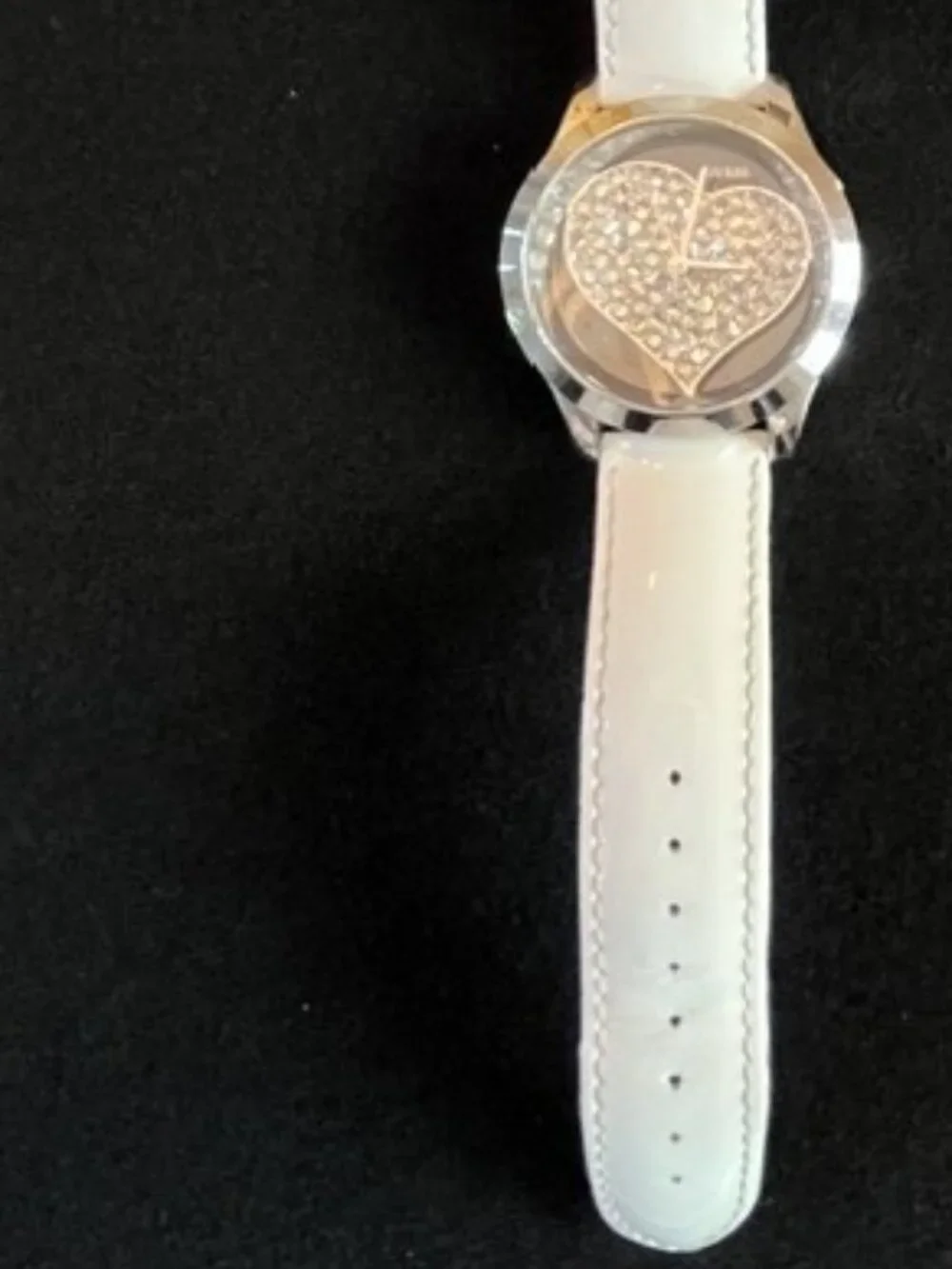 GUESS | Clearly Heart Silver-tone White Patent Leather Band-NEW Battery